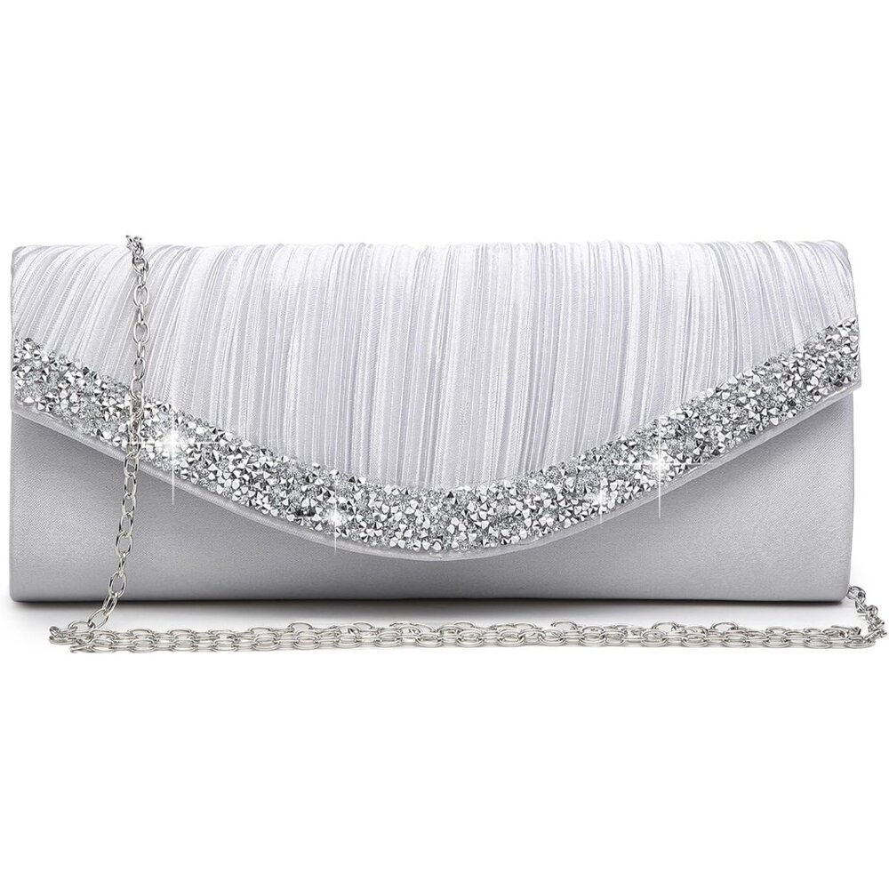 Women's Formal Satin Rhinestones Wedding Party Prom Dressy Clutches Silver Bag